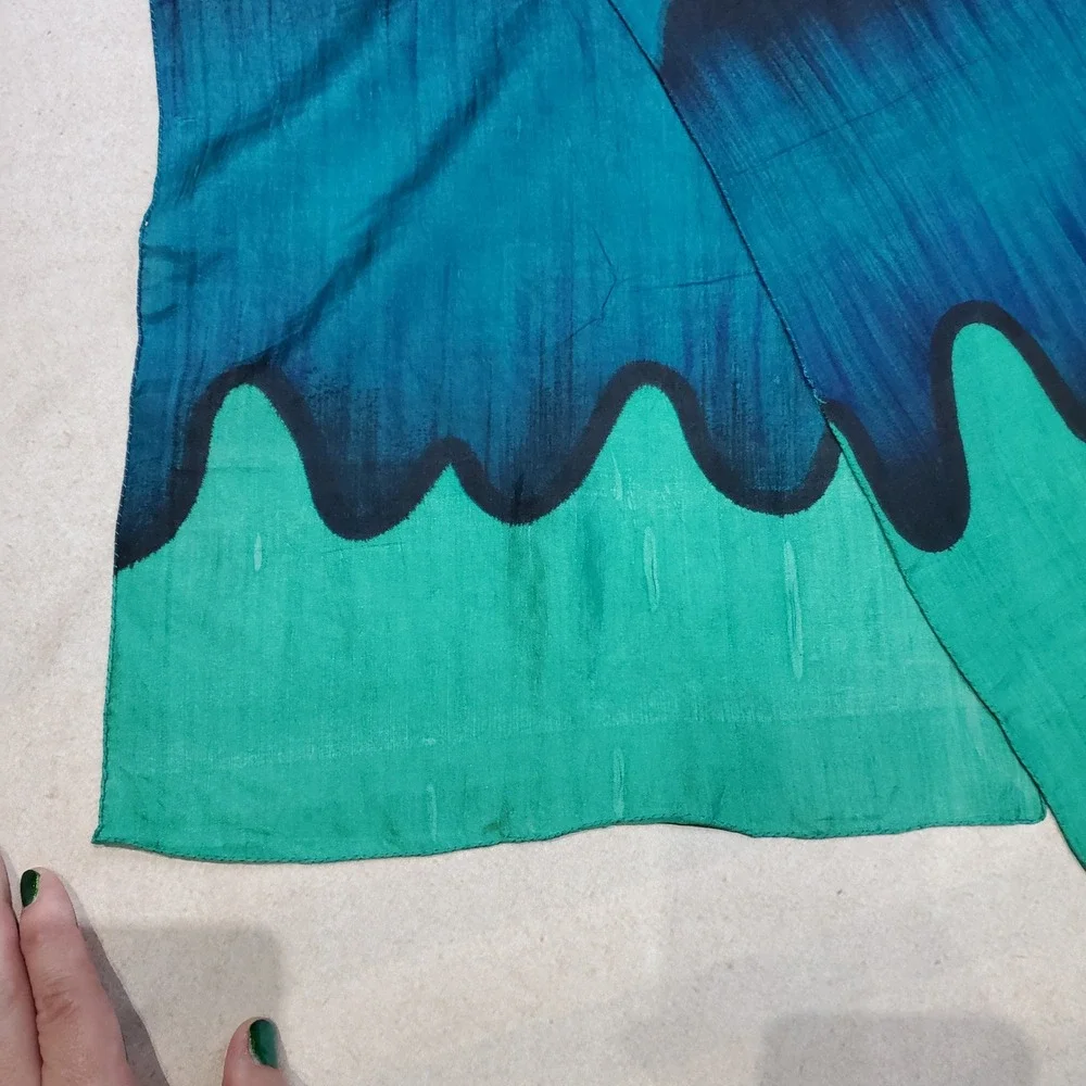 Hand Woven‎ Pure Silk Scarf Teal Blue Green Abstract Drip Design India